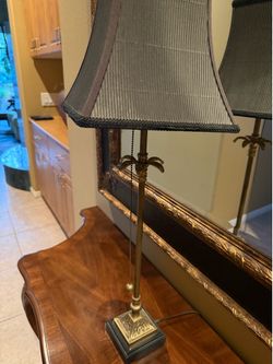 Vintage Stunning Brass Palm Lamp with Shade and Stone Bottom, Navy/Gray Shade Side Table Light Lamp, Vintage Brass Lamp, Hollywood Regency