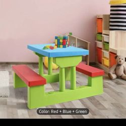 Kids Foldable Picnic Table With Benches And Umbrella