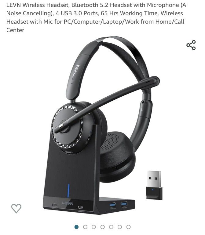 Wireless Headset, Bluetooth 5.2 Headset with Microphone (AI Noise Cancelling), 4 USB 3.0 Ports, 65 Hrs Working Time, Wireless Headset with Mic for PC/