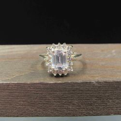 Size 7.75 Sterling Silver Tarnished Face Emerald Cut CZ Halo Band Ring
