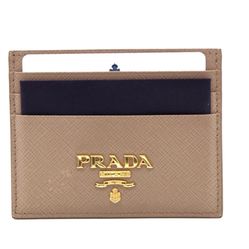 Prada Saffiano Leather Card Holder Beige Taupe Gold Logo  Authentic w/ Cards