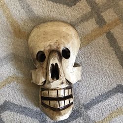 Vintage Carved Wood Skull Skeleton Mask Mexican Day of The Dead