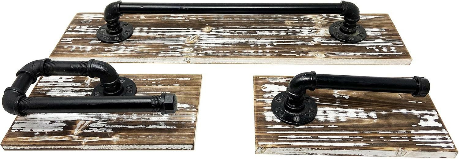 Industrial Rustic Bathroom Decor Set – Wood & Cast Iron Pipe, 3-Piece Towel Rack & Holder