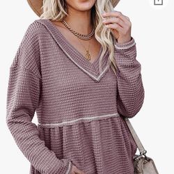  Women's Waffle Tunic Peplum Fall Flowy Swing Babydoll Dress Tops Loose Long Sleeve Pullover Sweaters