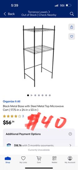 Organize It All Black Metal Base with Steel Metal Top Microwave Cart (17.75-in x 24-in x 53-in)