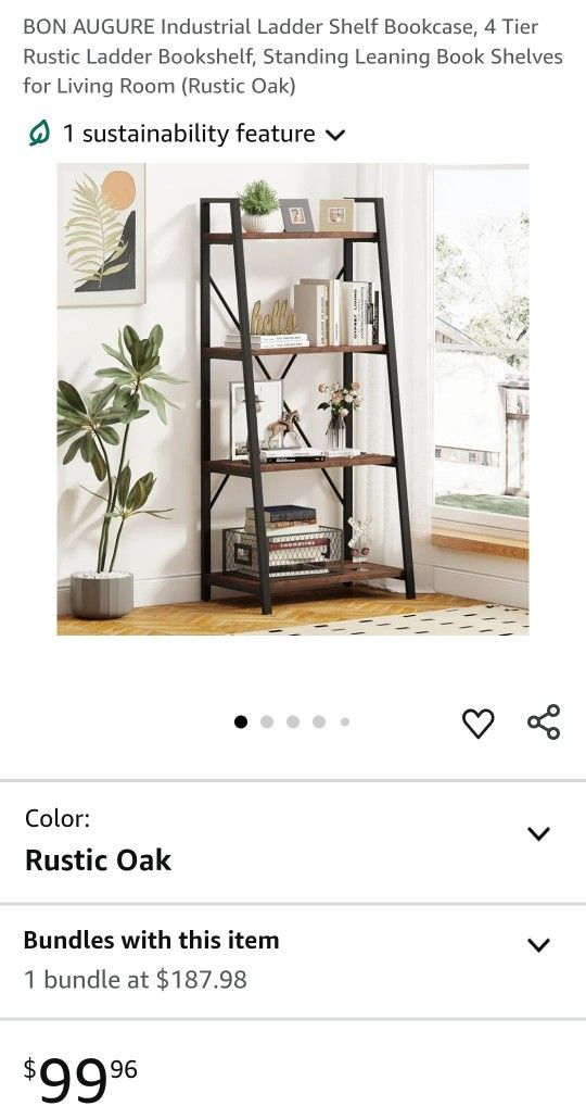 Industrial Ladder Shelf Bookcase, 4 Tier Rustic Ladder Bookshelf, Standing Leaning Book Shelves for Living Room (Rustic Oak)