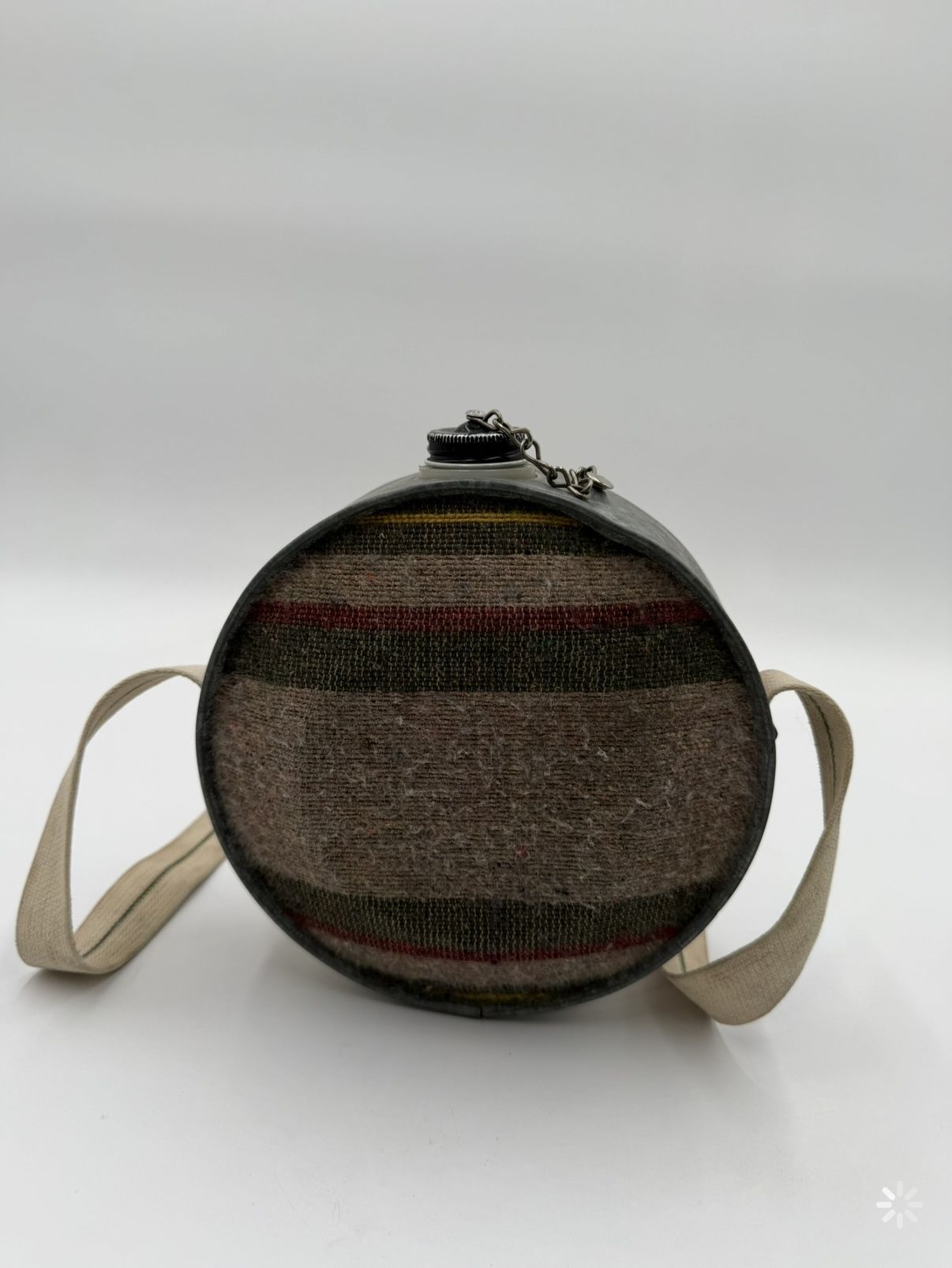 Vintage 4Qt Round Oasis Canteen Galvanized Metal Wool Fabric Flannel with Strap