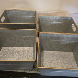 4 Galvanized Metal Storage Bins Gold Trim
