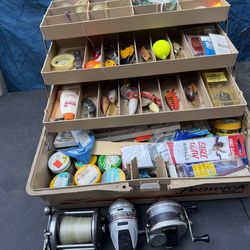 vintage Plano tackle box and assorted fishing gear
