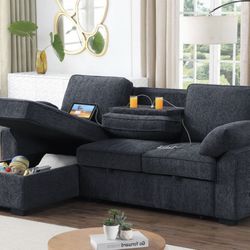 91"W Dark Gray Chenille Fabric Reversible Sleeper Sectional with Storage Chaise, Drop-Down Table, Cup Holders and Charging Ports