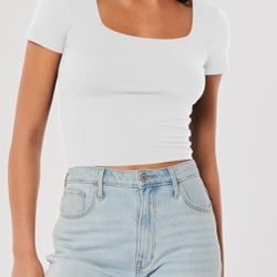 New! Unworn! Womens Square Neck Short Sleeve Crop Top,  Double Layered Tight T S