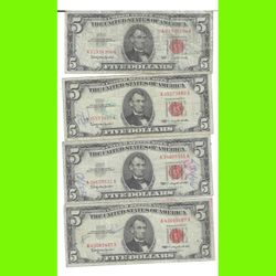 Lot Of 4 5 Dollar Red Seal Federal Reserve Banknotes In A Circulated Condition