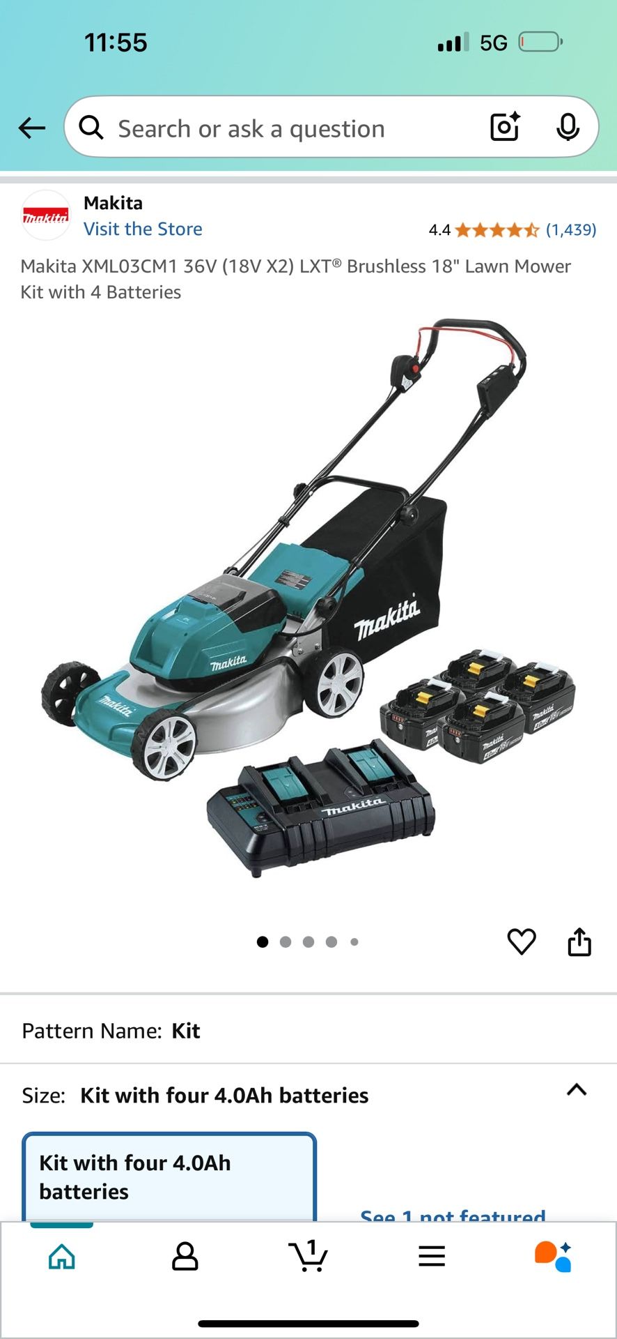 Makita XML03CM1 36V (18V X2) LXT® Brushless 18" Lawn Mower Kit with 4 Batteries