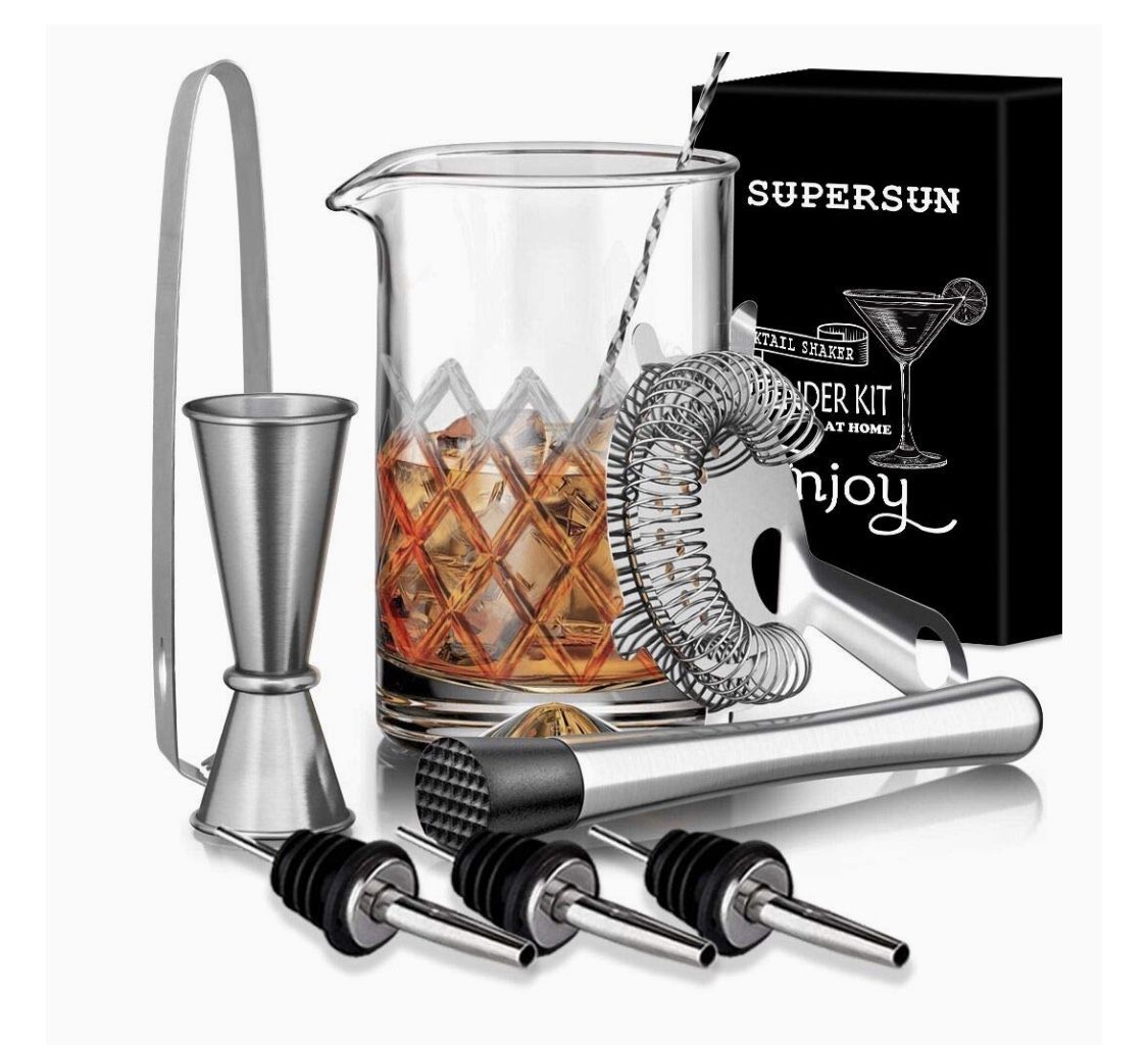 Cocktail Mixing Glass Kit, SUPERSUN 9 Piece Home Bar Gift Set - Drink Mixer with 18oz 500ml Lead-Free Glass, Cocktail Strainer, Muddler, Jigger, Profe