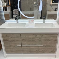 60" Double Sink Free Standing Rustic Gray and Glossy White Color Bathroom Vanity  
