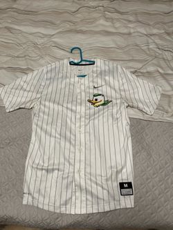 Nike Oregon Ducks baseball jersey features white pinstripes and a tackle twill graphic of the "Fighting Duck" mascot