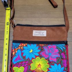 CrossBody BAG Guatemala Embroidered PURSE Bright Floral Colors & Brown, Suede Leather?