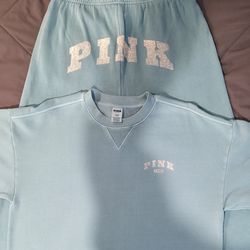Based on the image provided, this is a Victoria's Secret PINK light blue (sometimes described as seafoam or mint green) crewneck sweatshirt. It featur