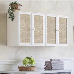 🔥Set of 2🔥Rattan Wall Cabinets Set - Kitchen Wall Mounted Storage Cabinets with 2 Paper Rattan Doors and Shlelf Adjustable in Laundry or Bathroom Ov