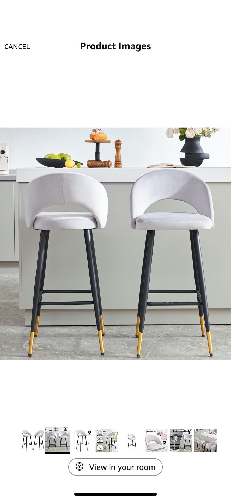 Bar Stools Set of 2, Velvet Bar stools with Back