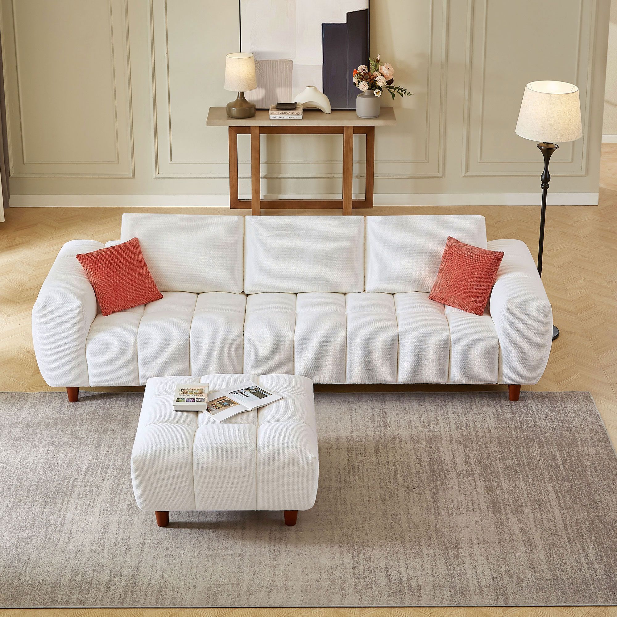 111.81 Inch Convertible Sectional Sofa Couch, L Shaped Sofa with Fabric Couch,Modern Design Cream Style Marshmallow Sofa for Living Room and Office,Wh