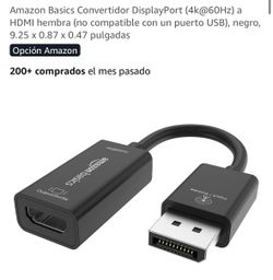 Amazon Basics Convertidor DisplayPort (4k@60Hz) a HDMI hembra (no compatible con un puerto USB), negro, 9.25 x 0.87 x 0.47 pulgadas