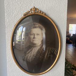 Antique Victorian Convex Oval Bubble Metal Frame w/ Portrait Photograph of Woman
