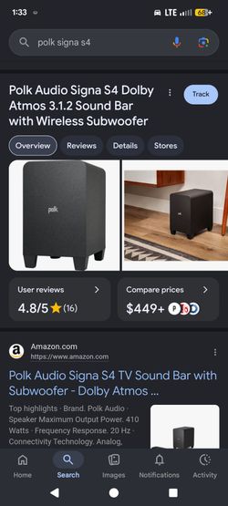Polk Signa s4 Dolby Atmos  soundbar/subwoofer - $449 retail value. Only $200