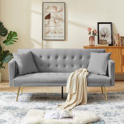 72" Modern Velvet Sofa Bed Futon,Convertible Folding Sleeper Bed Couches with 3 Adjustable Backrests,Tufted Recliner Loveseat with Golden Chrome Legs 