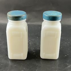 Vintage Griffith's Milk Glass Spice Jars Blue Lids Set of 2