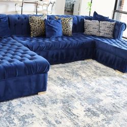 Eleanor Blue Velvet Double Chaise Sectional Sofa