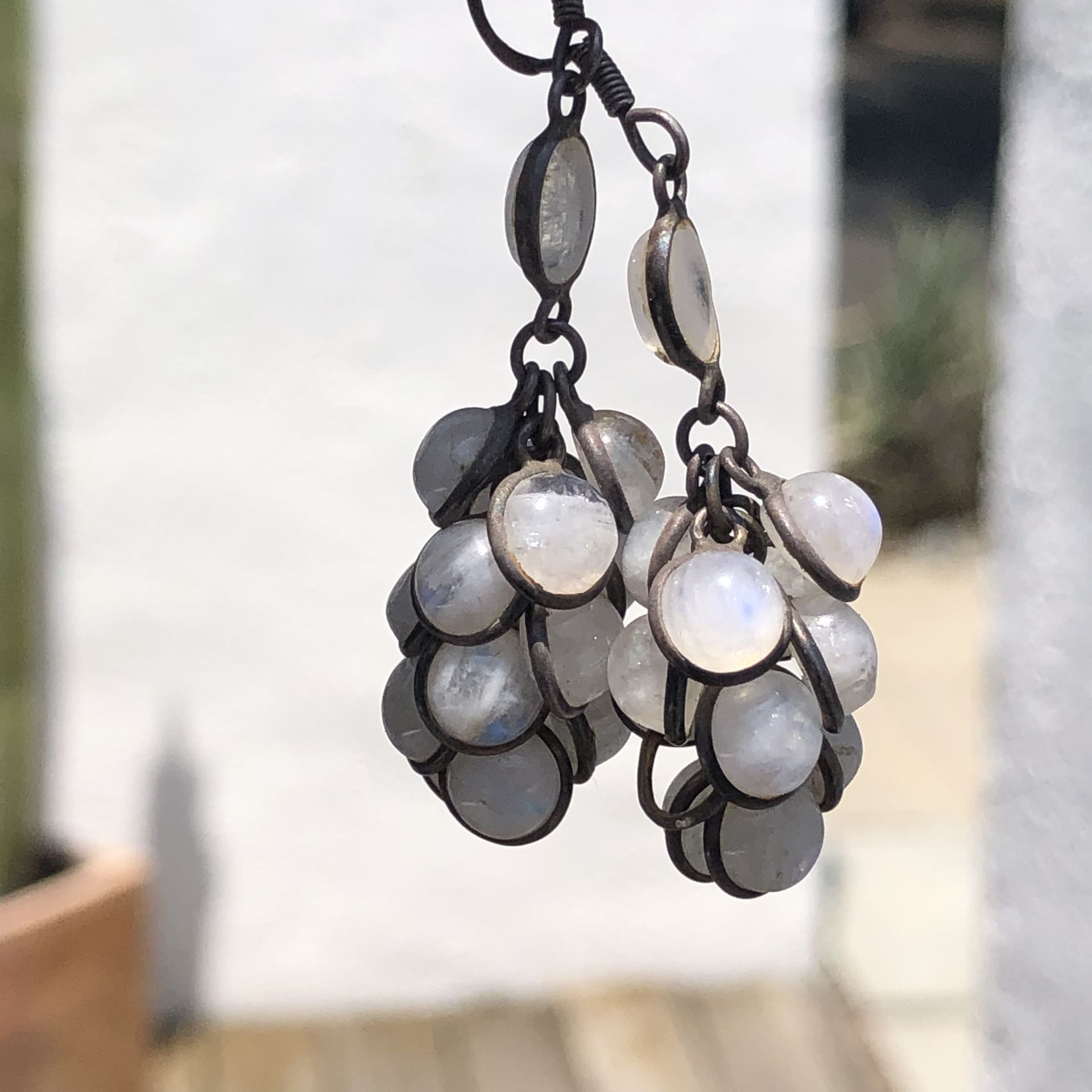 Moonstone Dangle Drop Grapes Cluster Bezel Earrings Vintage (Silver Lake)