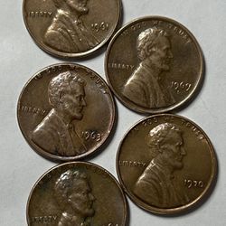 Old Pennies 61-63-64-69-70(64 and 69 with mark). 