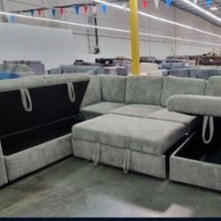 ✅️✅️4 pc Grey  corduroy fabric sectional sofa with storage chaise and love seat and pop up sleep area in center USB charging✅️✅️