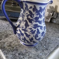 Large Pottery Pitcher  Blue And White 10 In