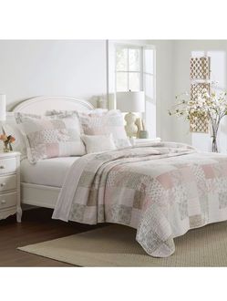 King Quilt Set, Reversible Cotton Bedding with Matching Shams, Patchwork Inspired H