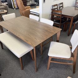 Mid century modern dining table with 4 chairs and a bench