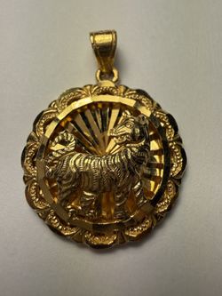 Real 18k Yellow Gold Diamond Cut Tiger Lion Chinese Zodiac Round Pendant Charm 1” Inch Long 20mm Wide 3mm Bail Opening