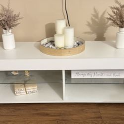 Modern White TV Stand w/ Glass Shelves – Fits up to 65” TVs