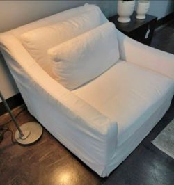 RESTORATION HARDWARE-BELGIAN CLASSIC SLOPE ARM SLIPCOVERED CHAIR-AND-A-HALF