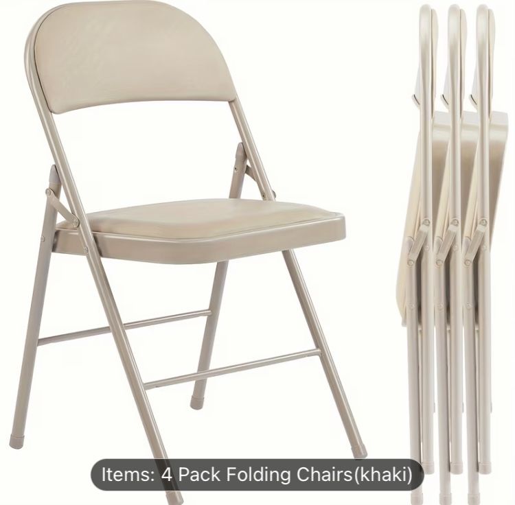 Set of 4 Folding Chairs, PU Leather Padded Folding Chairs, Outdoor & Indoor Event Khaki