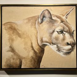 1980 Original Oil on Canvas Painting Mountain Lion by American Artist DELLA MAZY