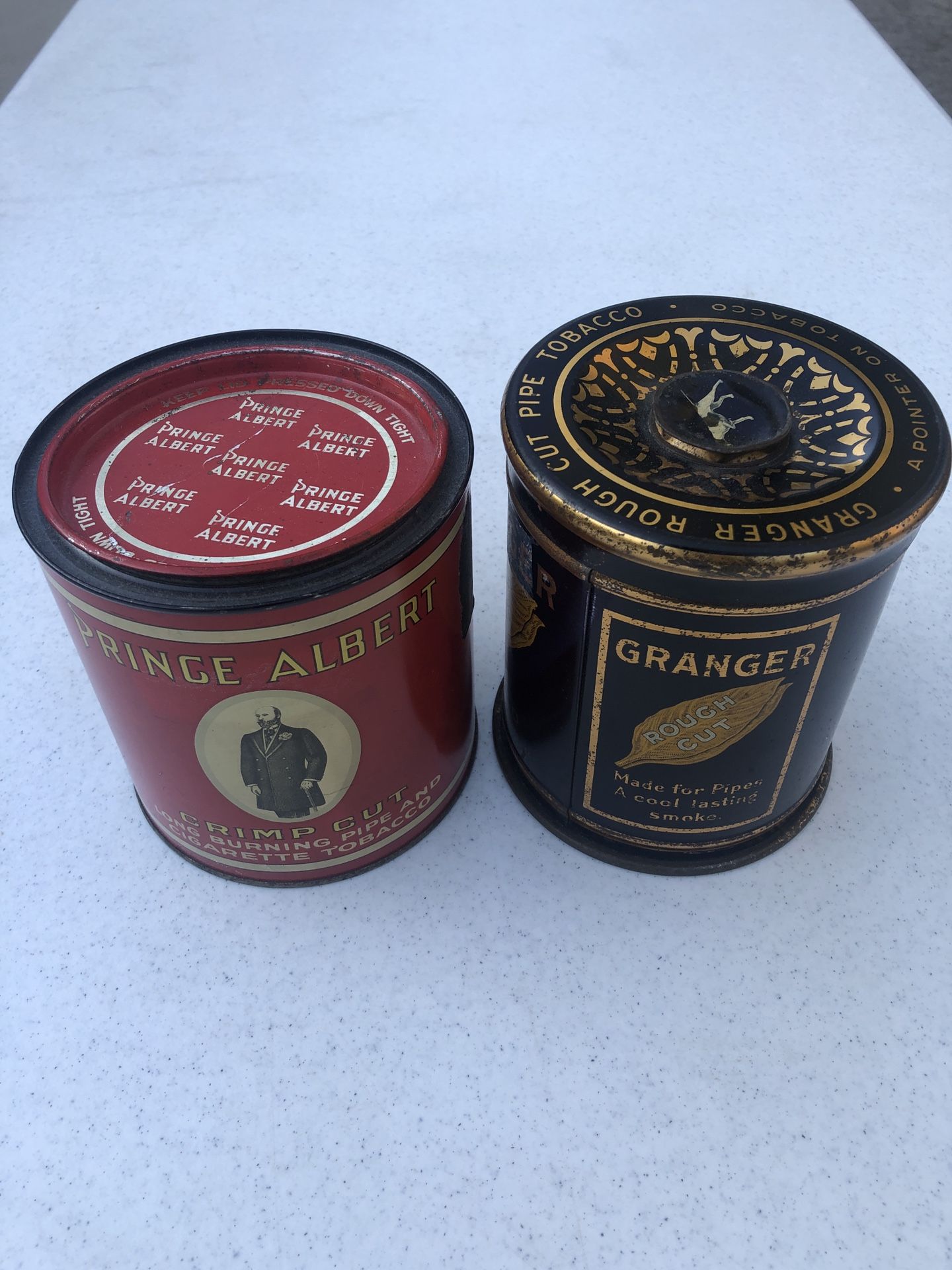 Two Antique (Empty) Round Tins for Granger “Rough Cut” & Prince Albert - Compare @$50+