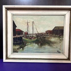 30% Off SALE Vintage 1953 Signed Original Oil Painting of Seascape, Boat, Wharf