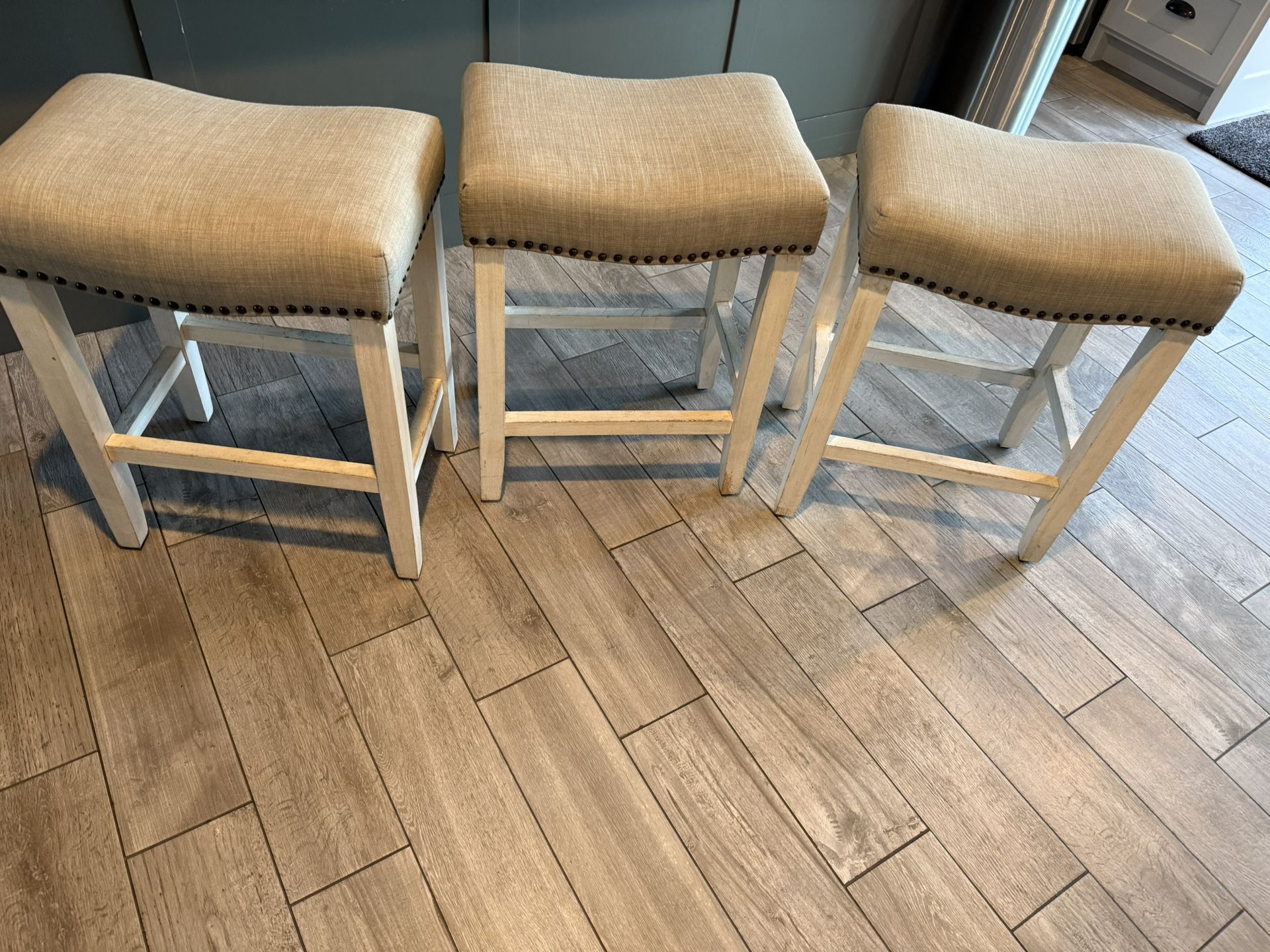 3 Counter Stools Grey Material With Wood