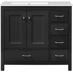 AS IS Assembled New Solid Wood Frame 36" Bathroom Vanity with Sink, Freestanding Bathroom Vanity with 5 Drawers & 2 Doors, Solid Wood Bathroom Storage