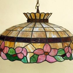 LARGE VINTAGE MEXICAN STAINED GLASS FLOWER BORDER HANGING SWAG LAMP