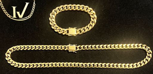 10mm Miami Cuban Link Chain Set - 14K Gold Over Stainless Steel