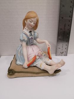 Vintage Lenwile ardalt hand-painted bisque porcelain figurine barefoot girl seated on a velvet pillow. Cash only, please