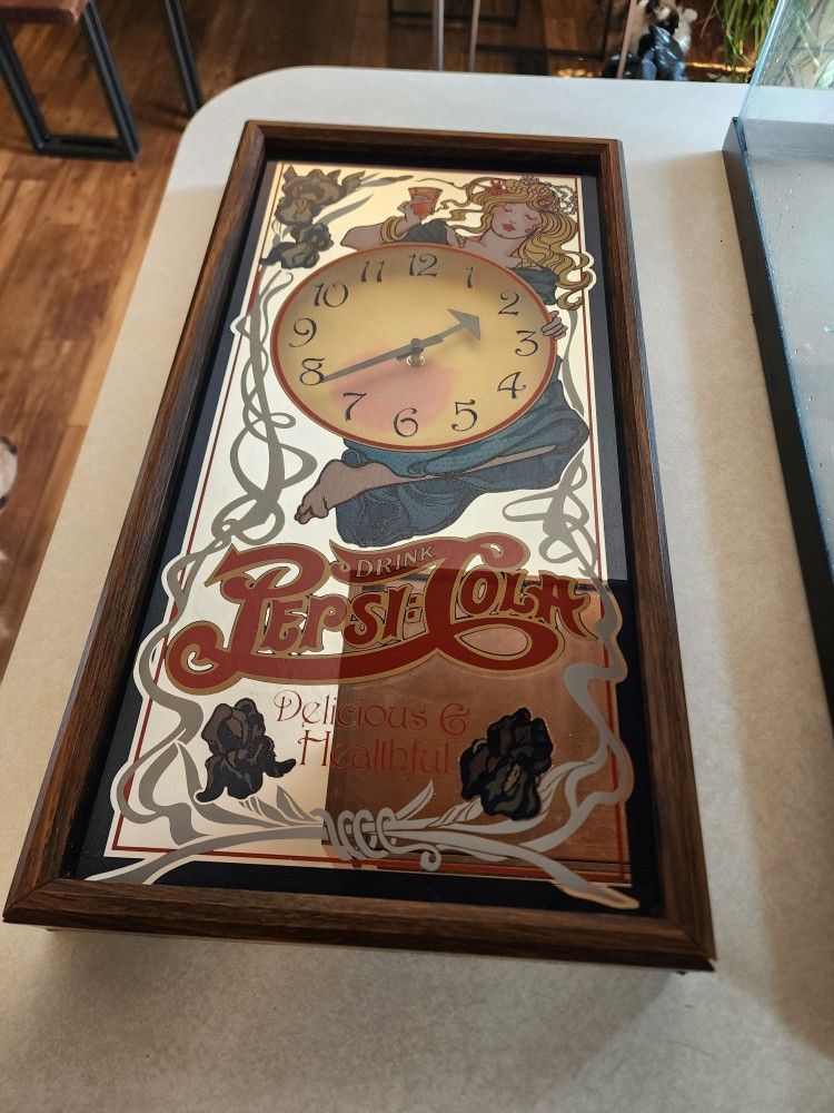PEPSI Wall Clock Vintage 1970s Antique Mirror